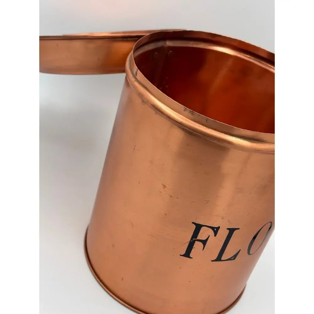 Vintage Copper Flour Canister with Latch Lid and Black Lettering
